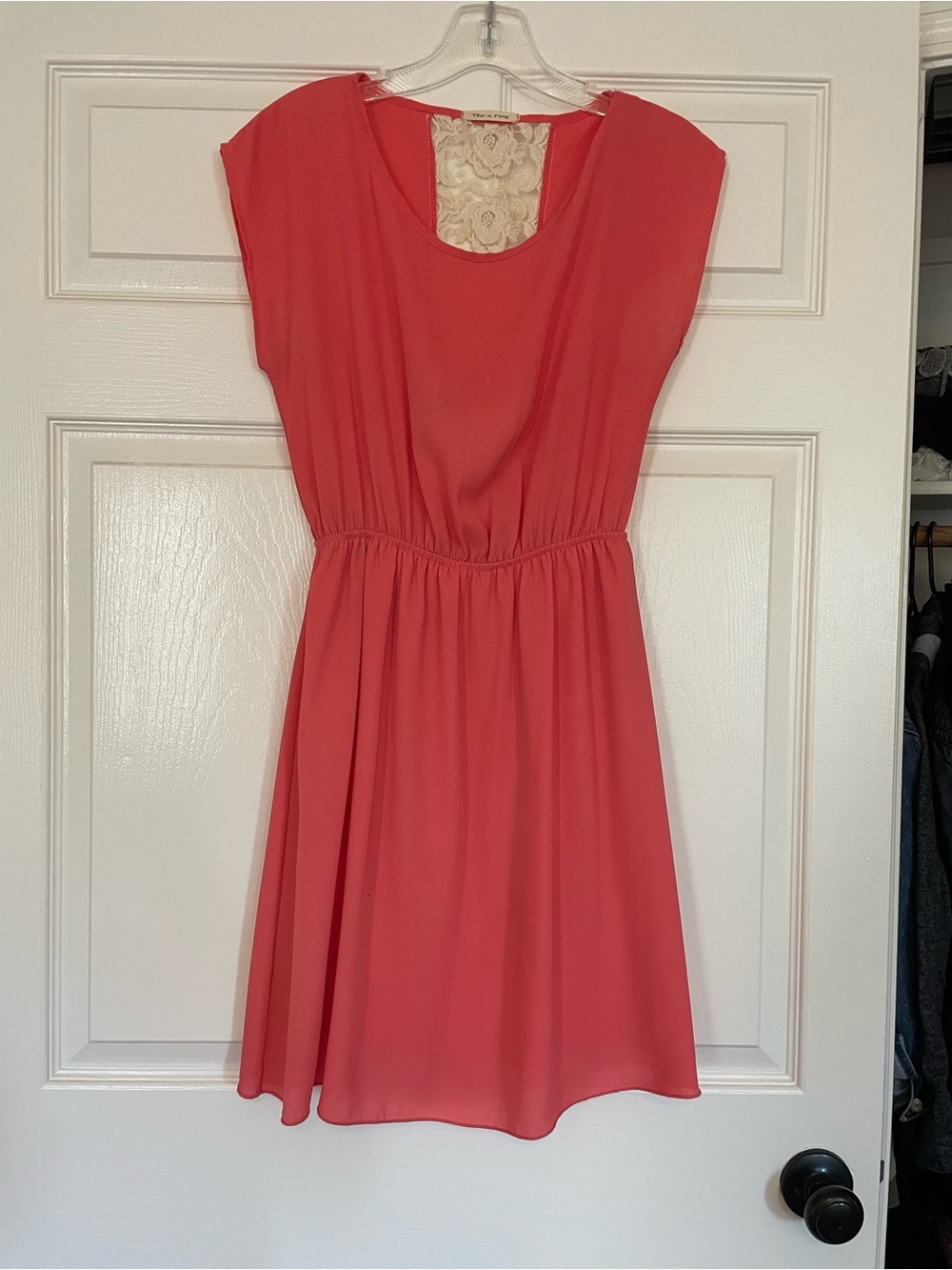 tea n rose Coral Scoop-Neck Mini Dress with Lace Back Panel